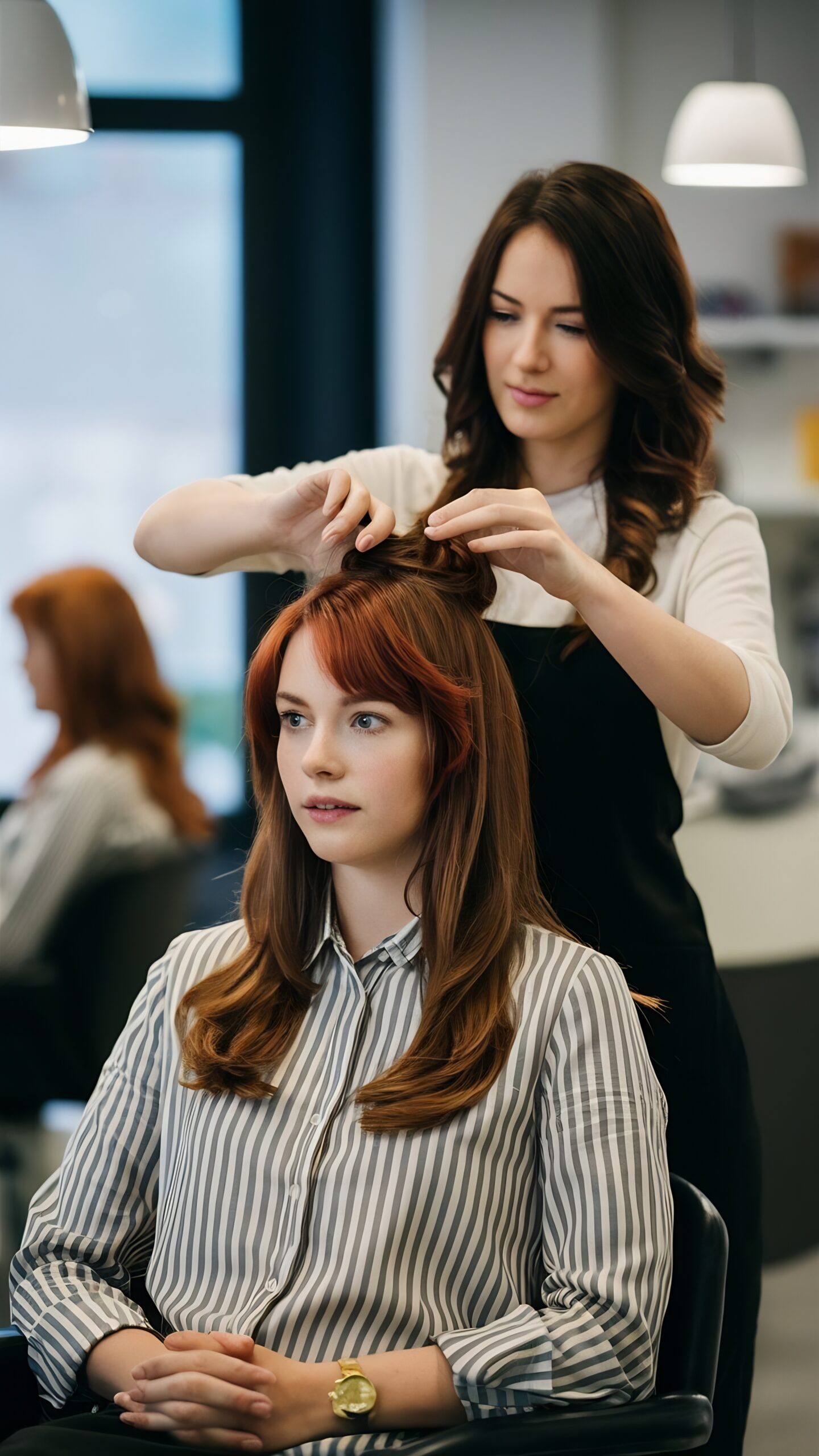 female hairdresser making hairstyle redhead woman beauty salon scaled