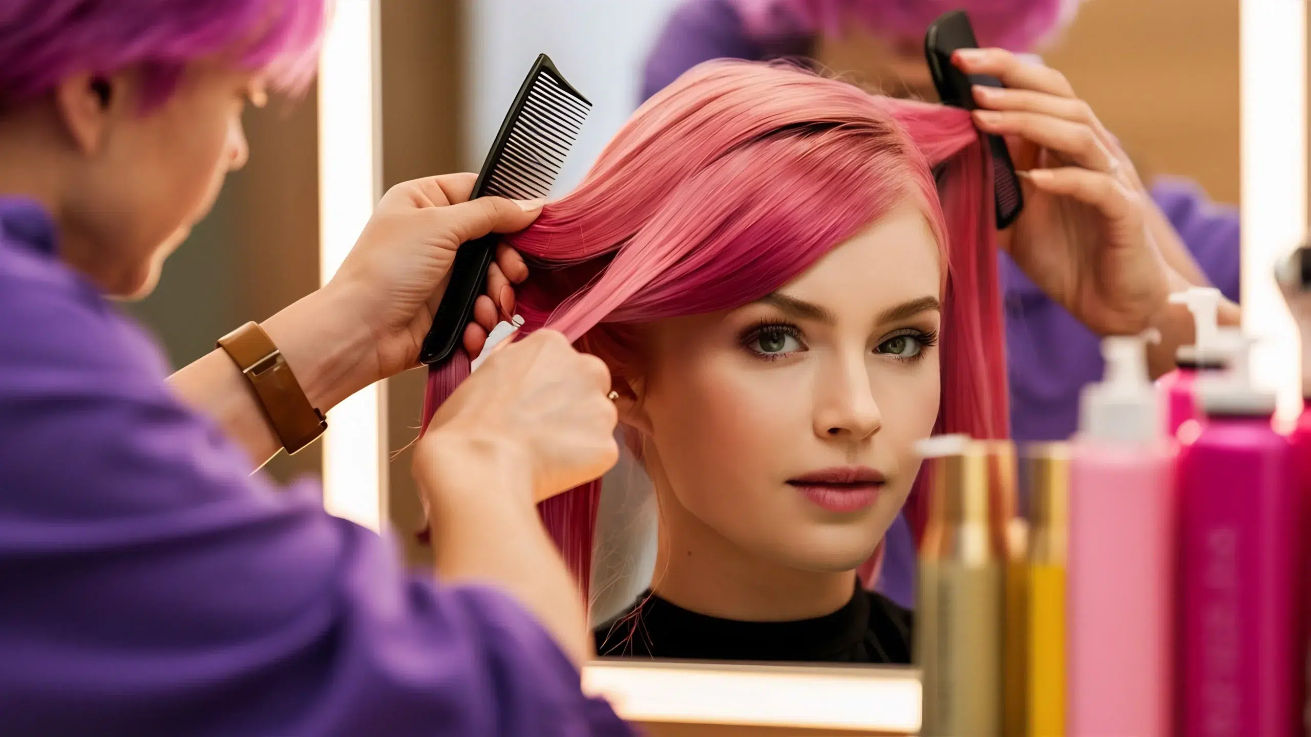 hairdresser checking female pink hair scaled