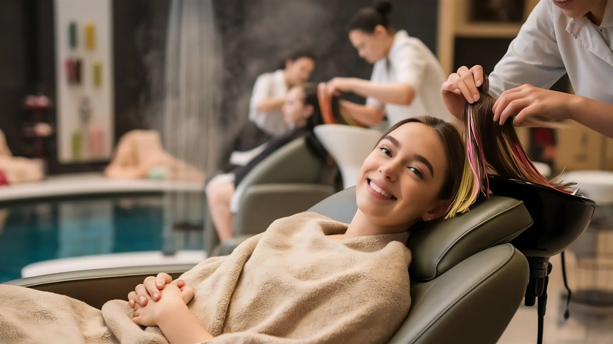 smiling young woman relaxing spa salon beauty treatment hair care scaled