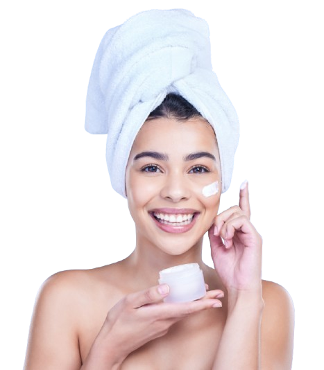 studio woman face cream portrait skincare application tone wellness with cosmetics female model beauty treatment with lotion jar moisturizer results by blue background removebg preview