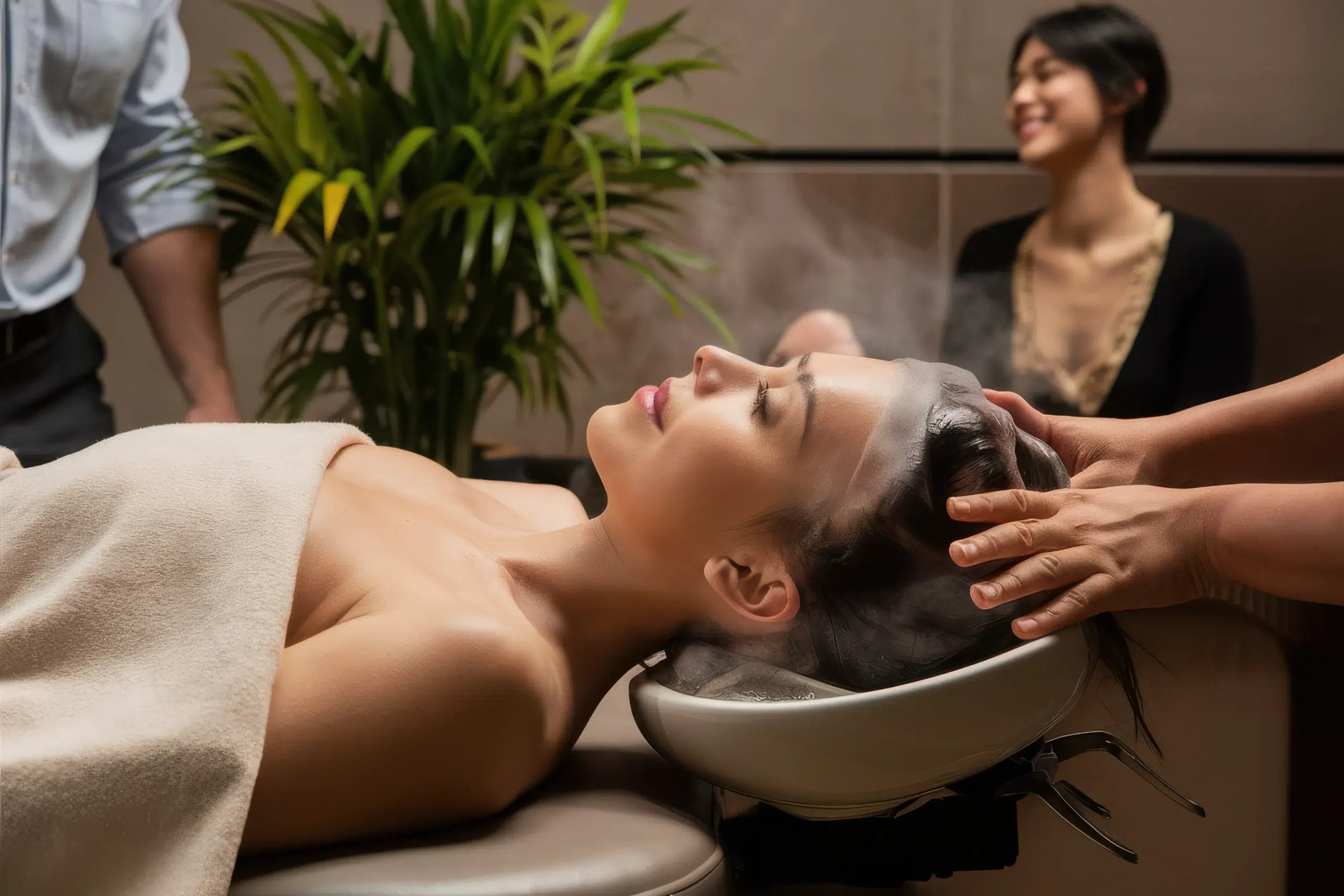 woman is laying bathtub with woman background scaled